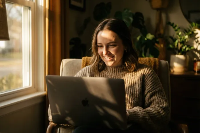 Person relaxing at home on a laptop, booking an online appointment